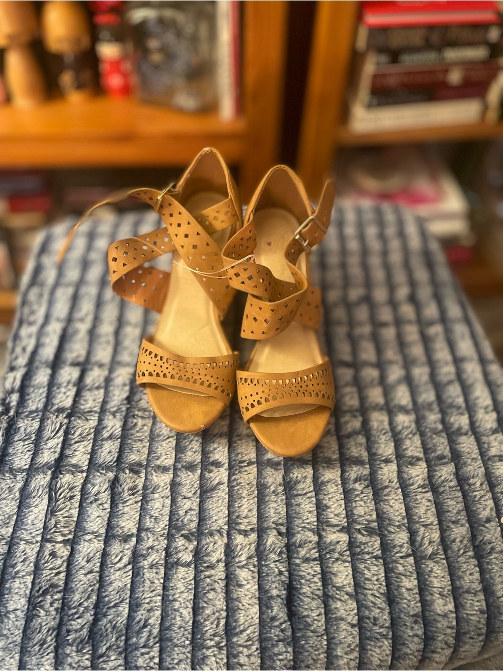 Women's Tan Perforated Strappy Sandals